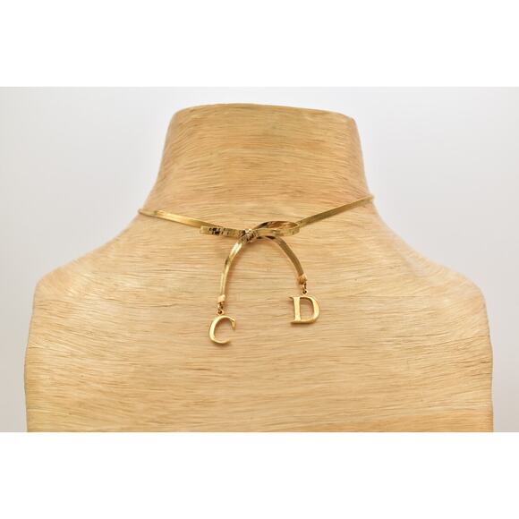 Christian Dior Vintage Bow Choker Necklace Logo CD Charm Gold Chain Signed BinBD - Picture 8 of 12